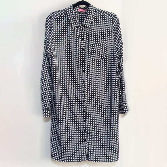 Isaac Mizrahi New York Geometric Print Monochrome Shirt Dress Size 16 Pocket - Picture 1 of 6